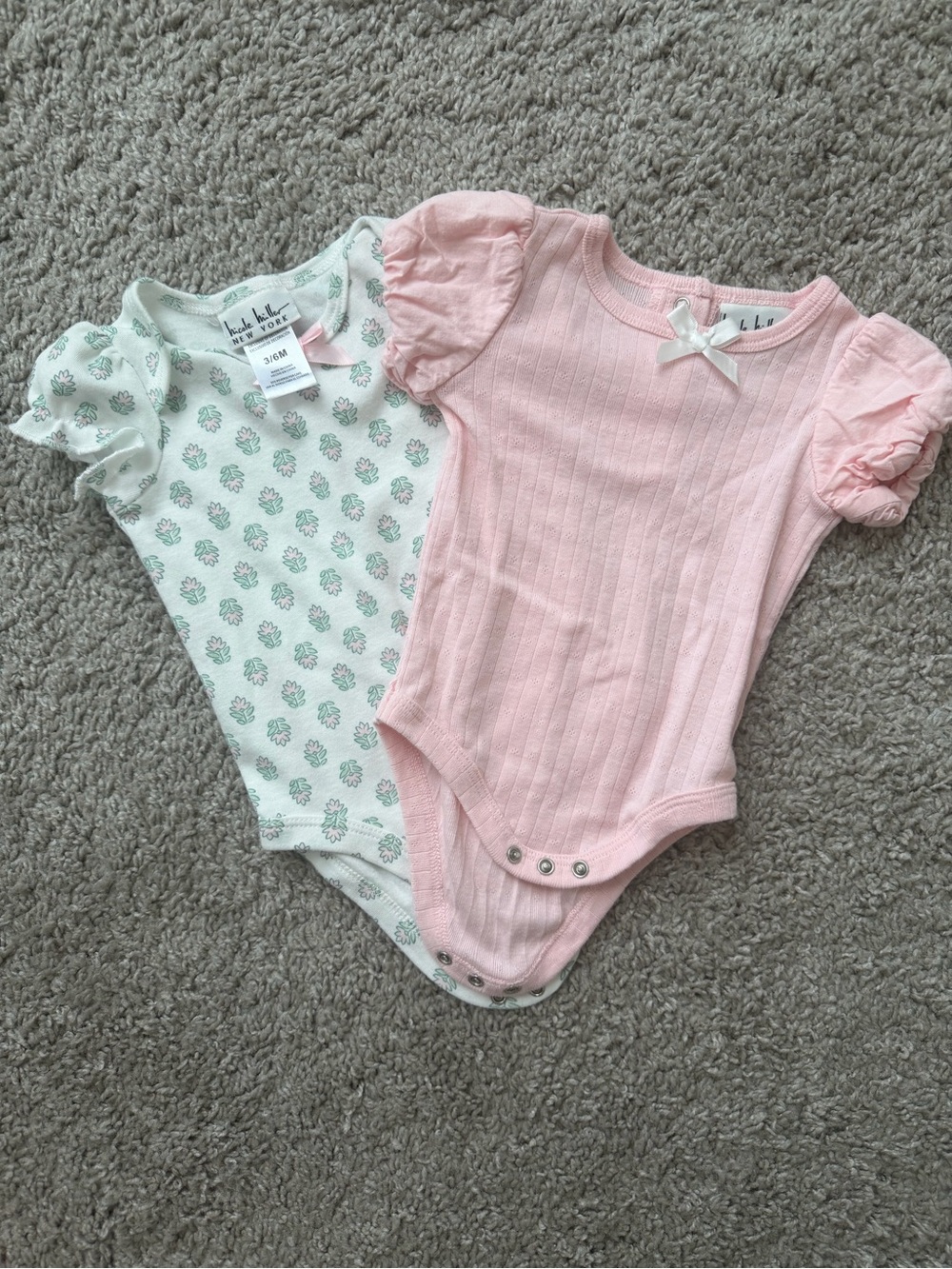 Nicole Miller Set of 2 Pink Ribbed Puff-Sleeve Baby One-Piece